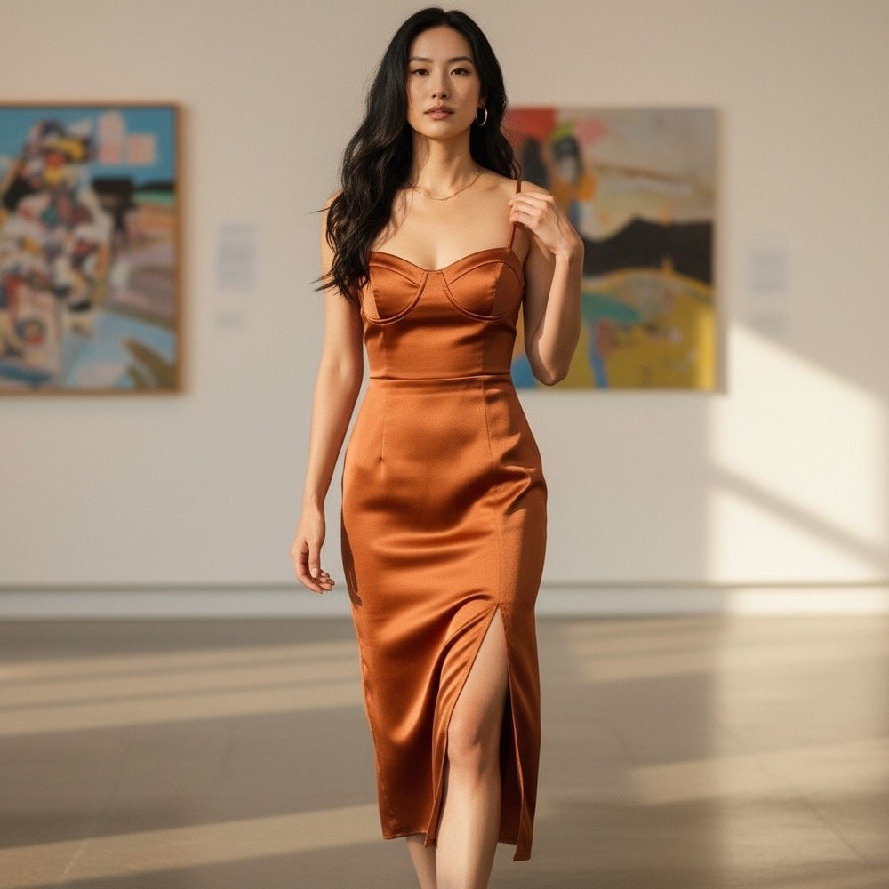 ABERCROMBIE & FITCH Midi Dress M Copper Satin 90s Date Night Elegant Chic